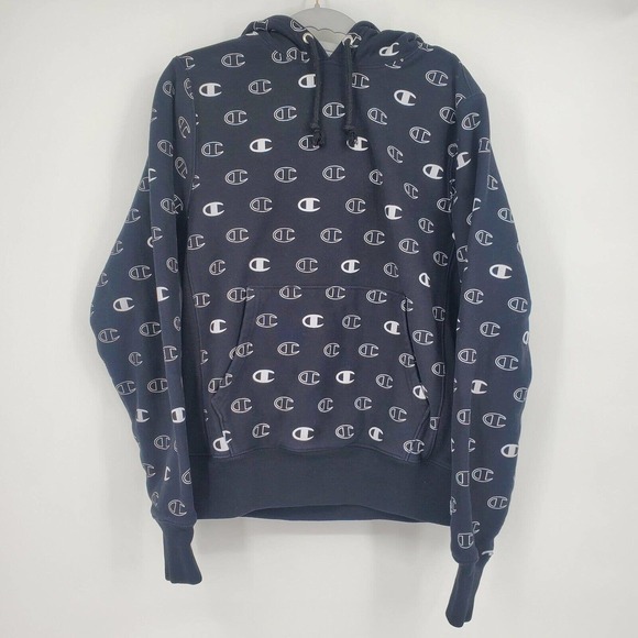 Champion Reverse Weave Hoodie Men's Small Black All Over Logo Side Stretch Flaw - Picture 1 of 14